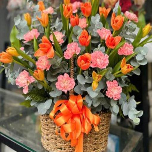 Giỏ Hoa Tulip Cam Hồng Tươi Tắn