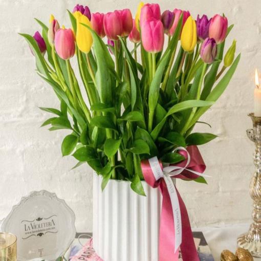 Bình Hoa Tulip Tone Hồng, Vàng, Tím