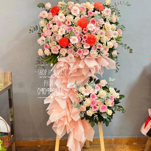 Kệ Hoa Khai Trương Tone Hồng “May Mắn Phát Lộc”