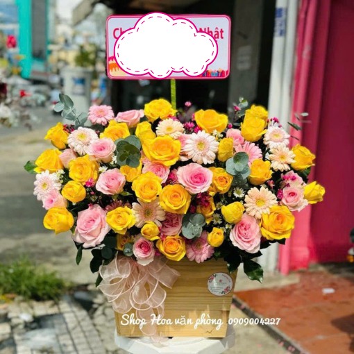 Hộp Hoa Chúc Mừng Khai Trương Vàng Hồng Tươi Sáng