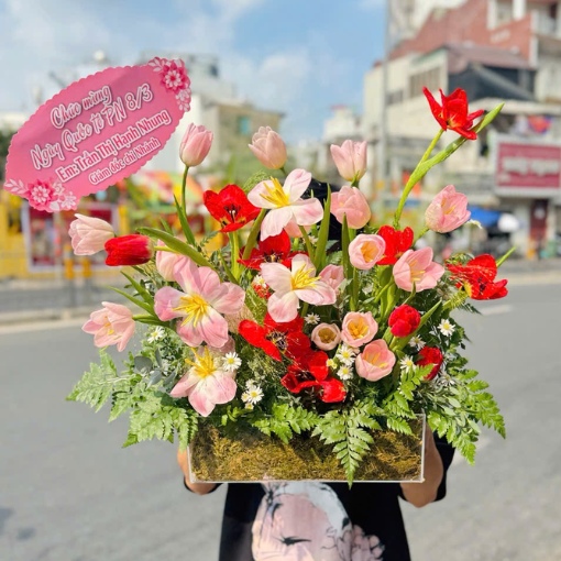 Hộp Hoa Tulip Nghệ Thuật Vườn Xuân Rực Rỡ