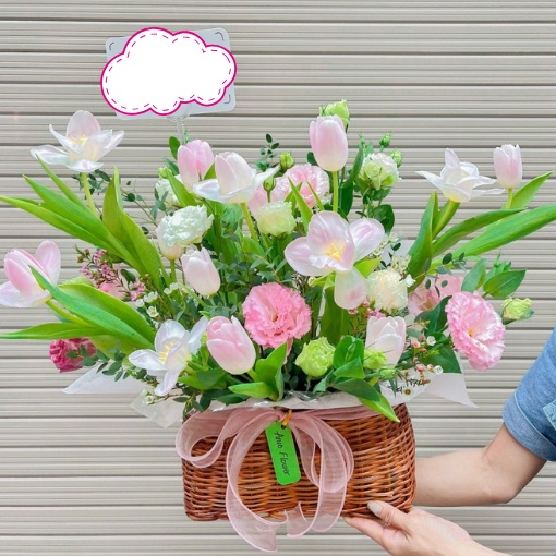 Giỏ Hoa Tulip Hồng Pastel Thanh Lịch