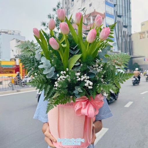 Hộp Hoa Tulip Hồng Sương Mai Dịu Dàng