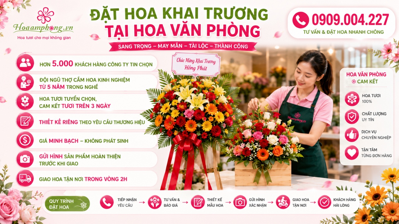 Hoa Văn Phòng cung cấp dịch vụ đặt hoa khai trương chuyên nghiệp