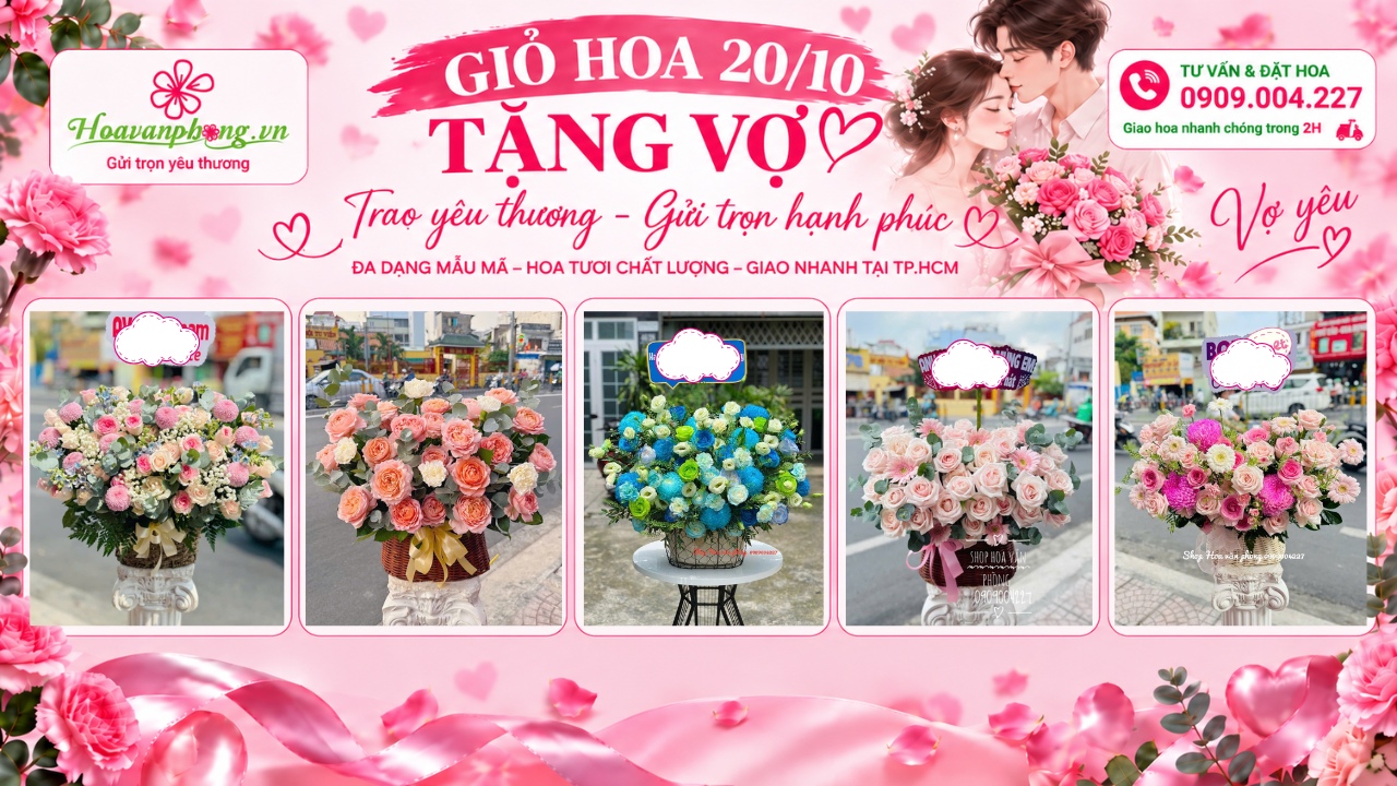 Giỏ hoa 20/10 tặng vợ màu hồng kem