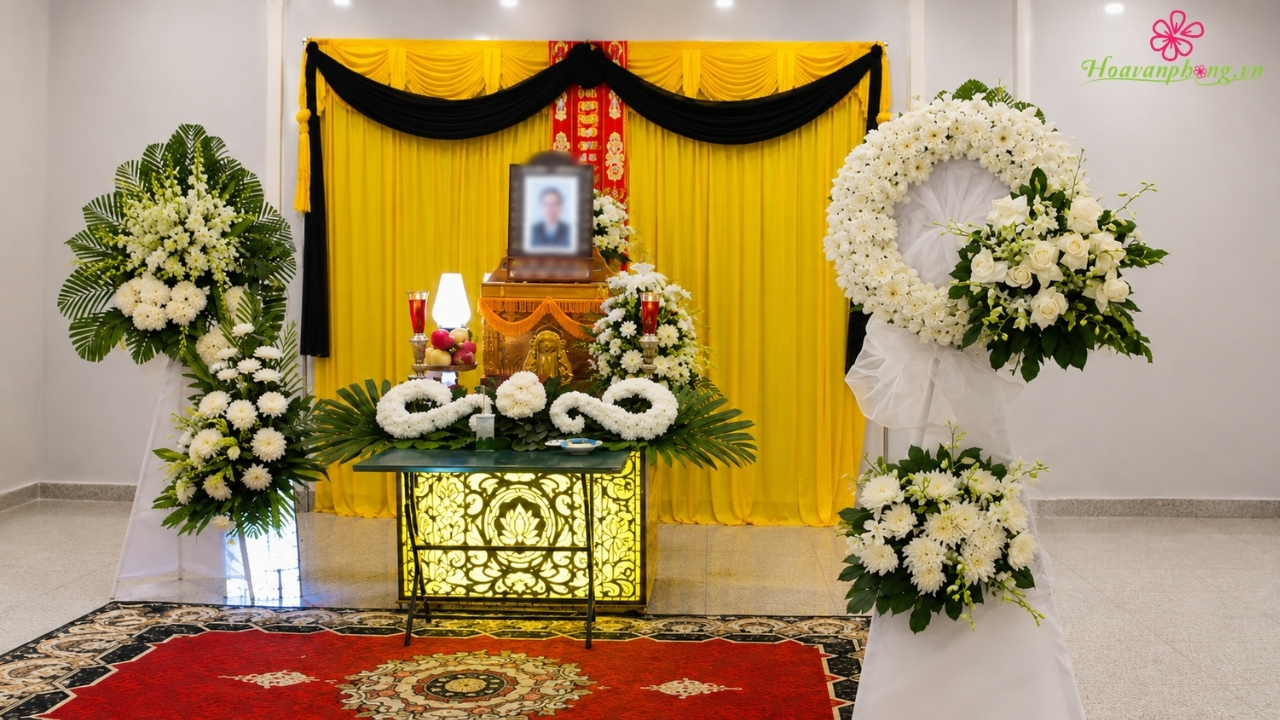 Hoa viếng đám tang Nhà tang lễ Chùa Vĩnh Nghiêm do Hoa Văn Phòng thực hiện