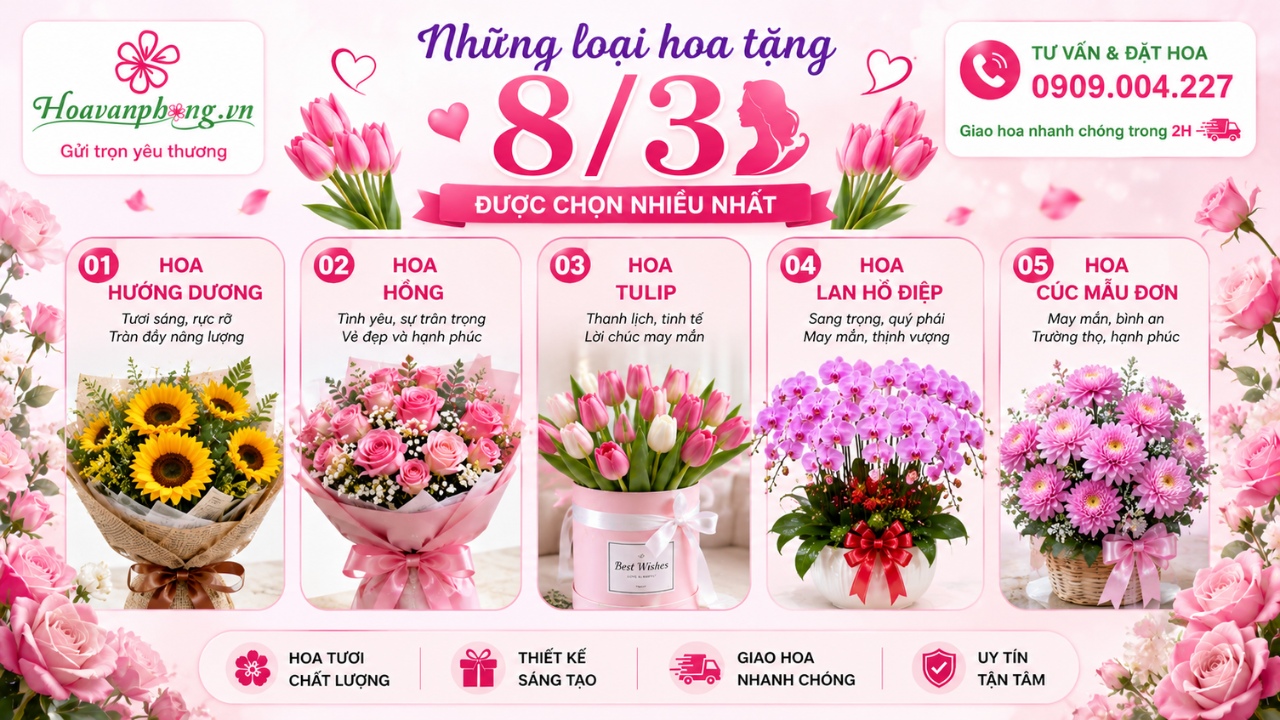 Các loại hoa dùng trong thiết kế hoa tặng 8 tháng 3